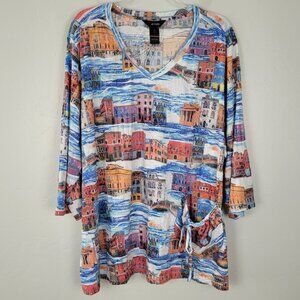 Ali Miles Size 3X Tunic Top Lightweight Pocket Italy Houses Print Multicolor